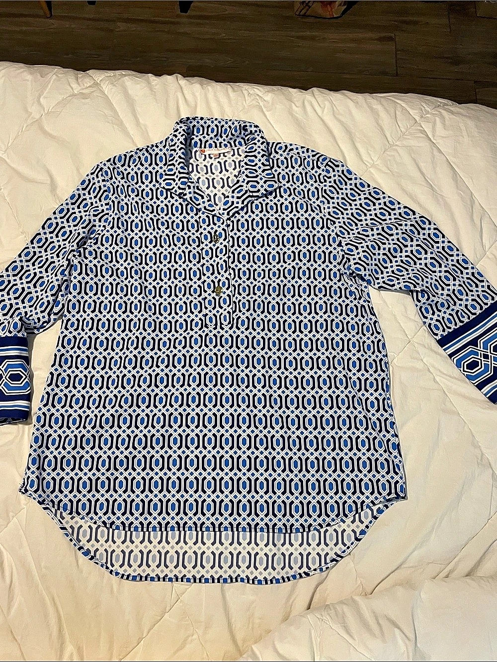 Jude Connally Chris Tunic Top Geometric Blouse Blue & White Small